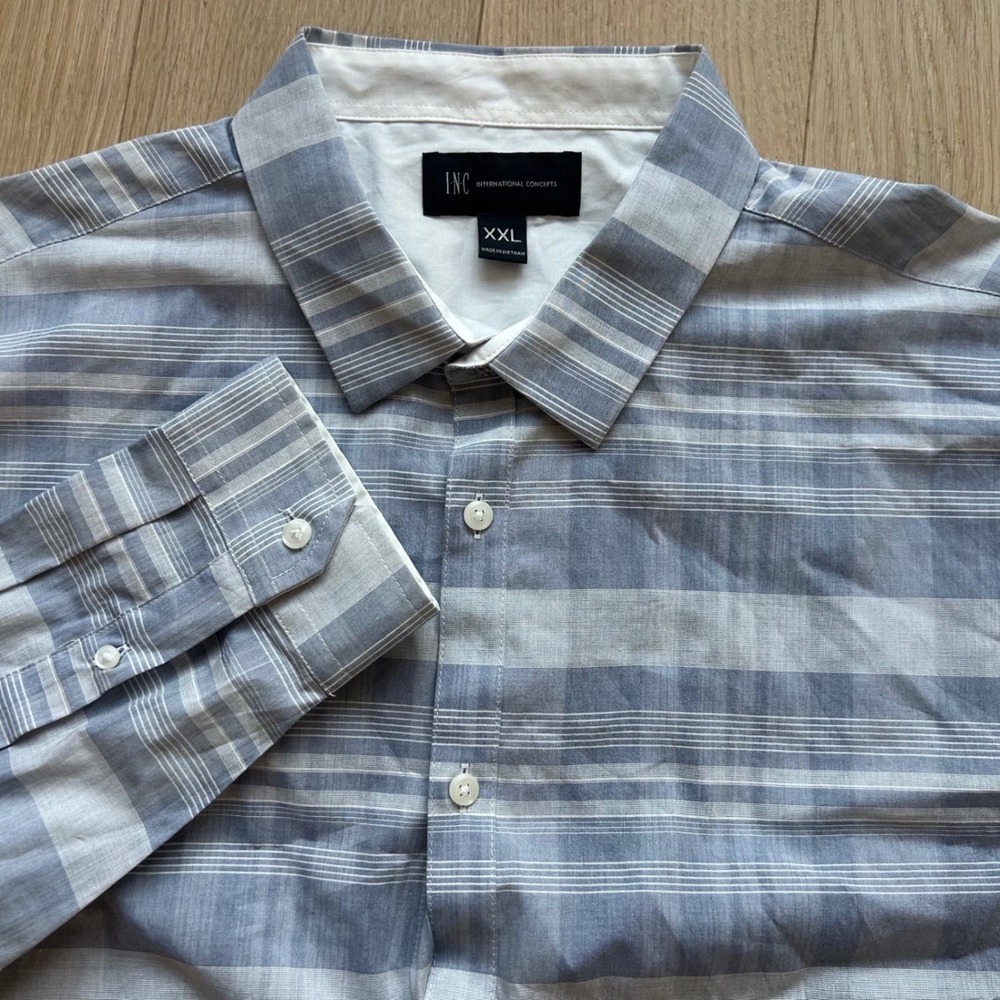 INC International Concepts Button Down Shirt XXL Blue Striped Long Sleeve Preppy